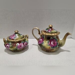 Nippon Antique Hand Painted Pink Rose Gold Trim Tea Pot And Sugar Bowl